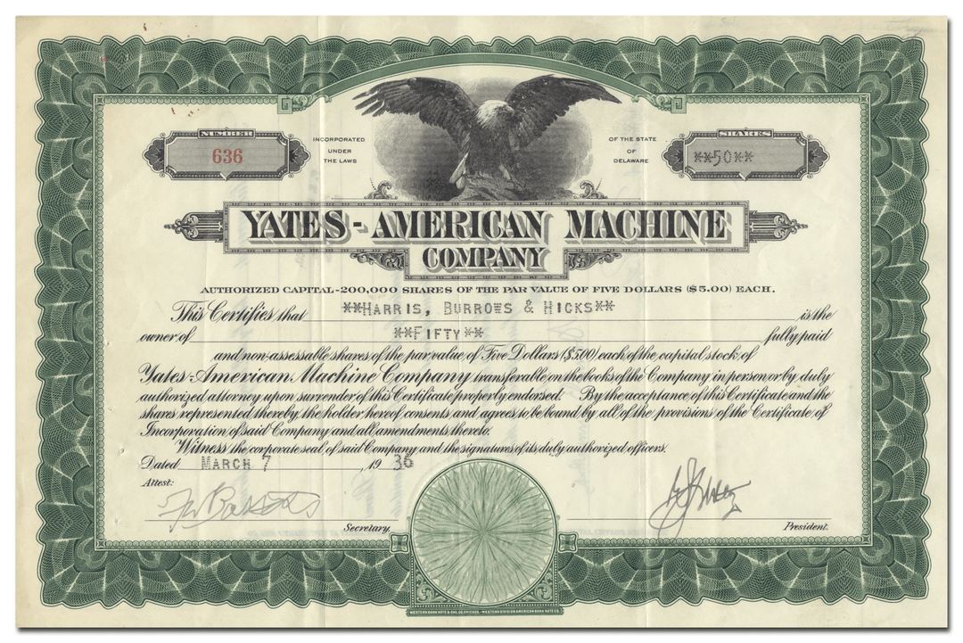 Yates-American Machine Company Stock Certificate