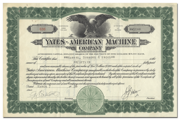 Yates-American Machine Company Stock Certificate