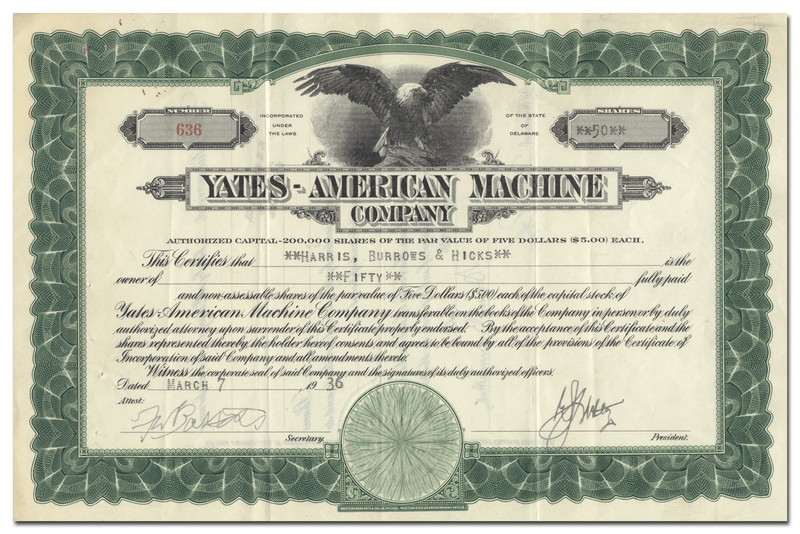 Yates-American Machine Company Stock Certificate