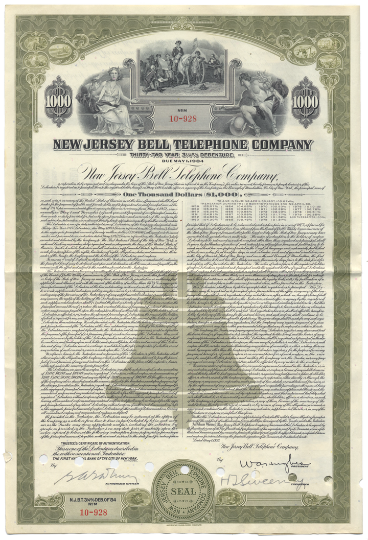 New Jersey Bell Telephone Company Bond Certificate