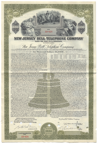New Jersey Bell Telephone Company Bond Certificate