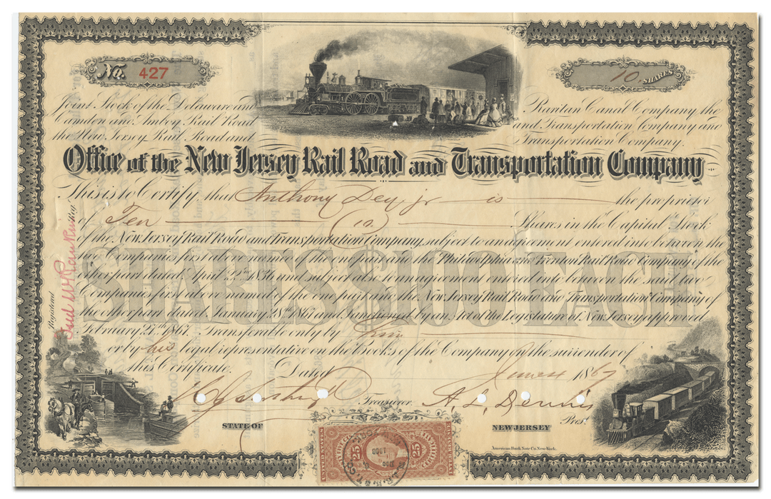 New Jersey Rail Road and Transportation Company Stock Certificate