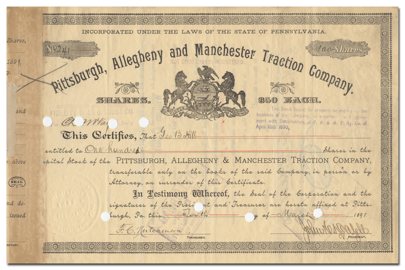 Pittsburgh, Allegheny and Manchester Traction Company Stock Certificate
