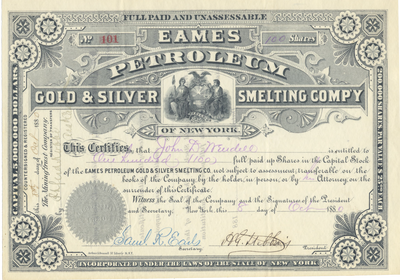Eames Petroleum Gold & Silver Smelting Co. Stock Certificate