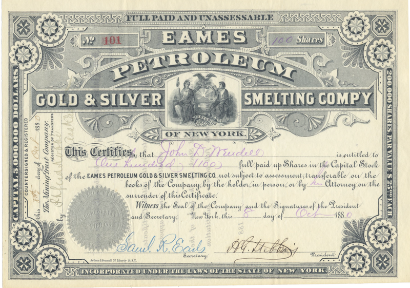 Eames Petroleum Gold & Silver Smelting Co. Stock Certificate