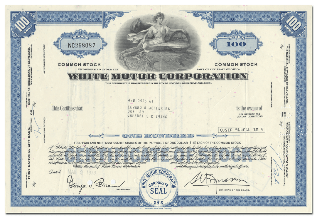 White Motor Corporation Stock Certificate