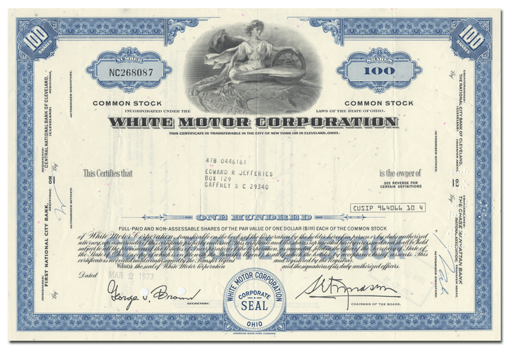 White Motor Corporation Stock Certificate