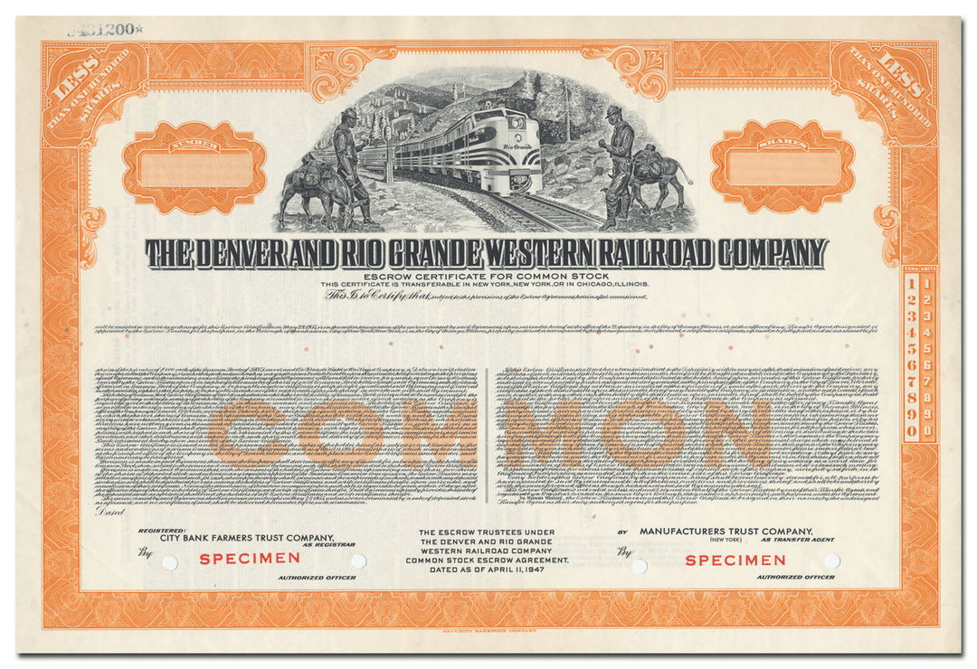 Denver and Rio Grande Western Railroad Company Specimen Stock Certificate