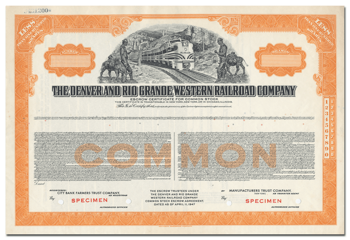 Denver and Rio Grande Western Railroad Company Specimen Stock Certificate