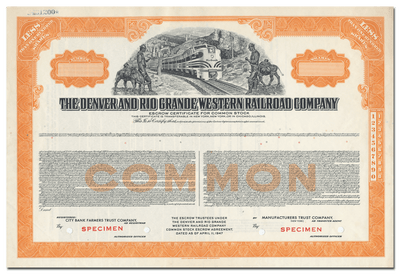 Denver and Rio Grande Western Railroad Company Specimen Stock Certificate
