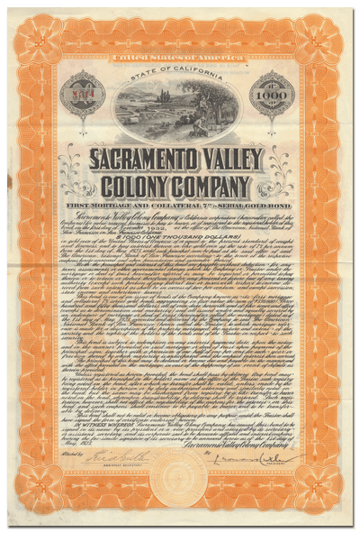 Sacramento Valley Colony Company Bond Certificate