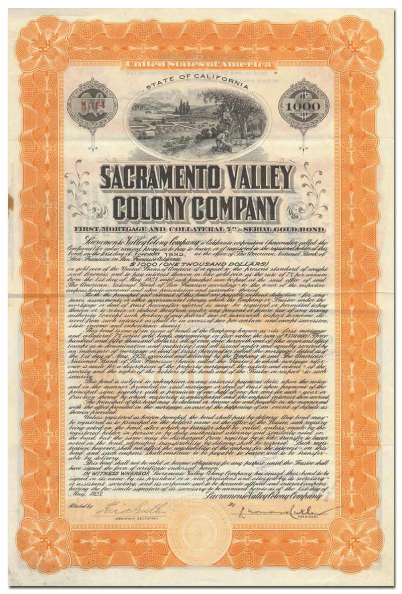 Sacramento Valley Colony Company Bond Certificate
