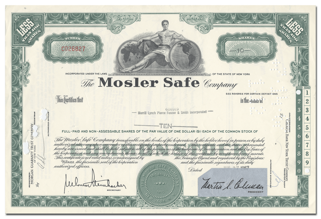 Mosler Safe Company Stock Certificate