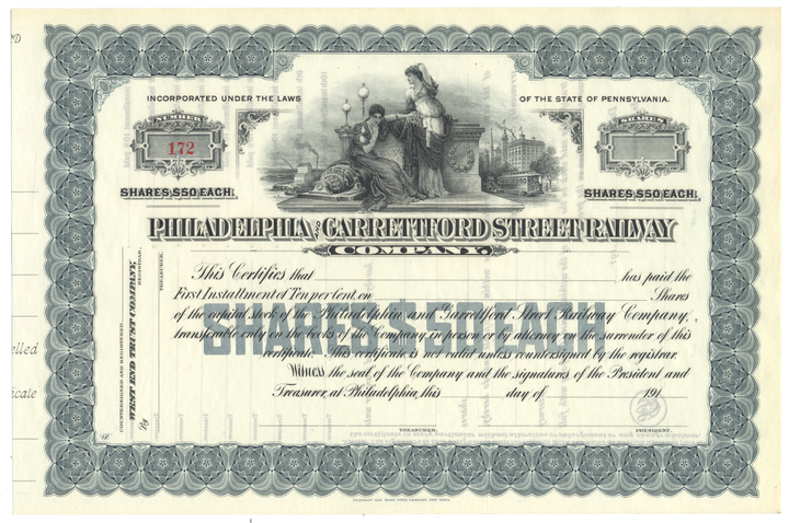 Philadelphia and Garrettford Street Railway Company Stock Certificate