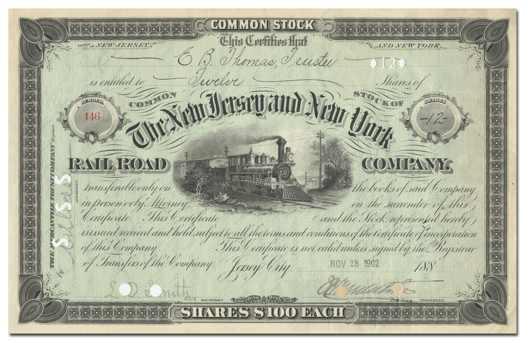 New Jersey and New York Rail Road Company Stock Certificate