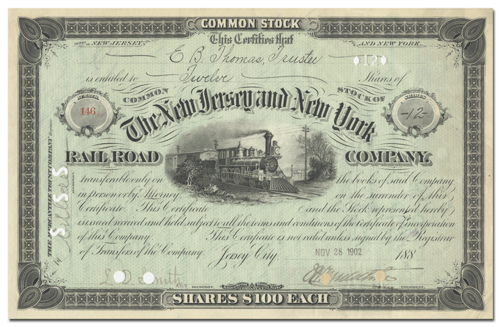 New Jersey and New York Rail Road Company Stock Certificate