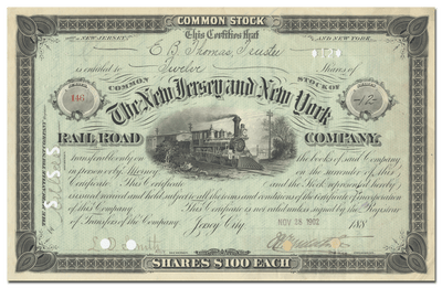 New Jersey and New York Rail Road Company Stock Certificate