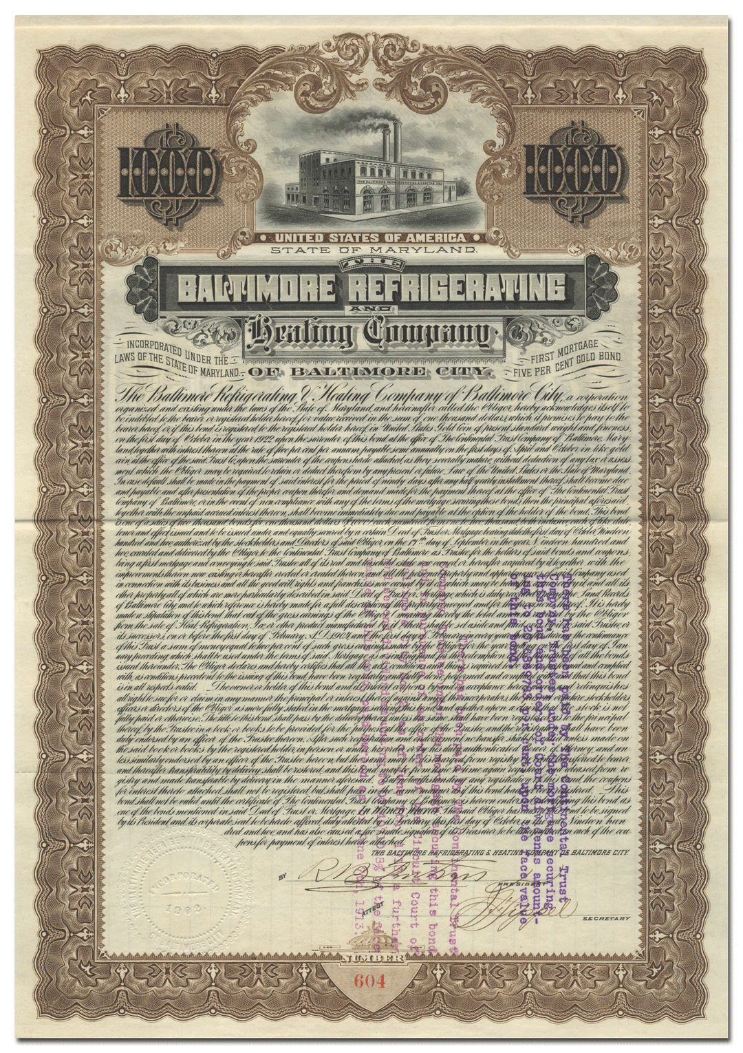 Baltimore Refrigerating and Heating Company of Baltimore City Bond Certificate