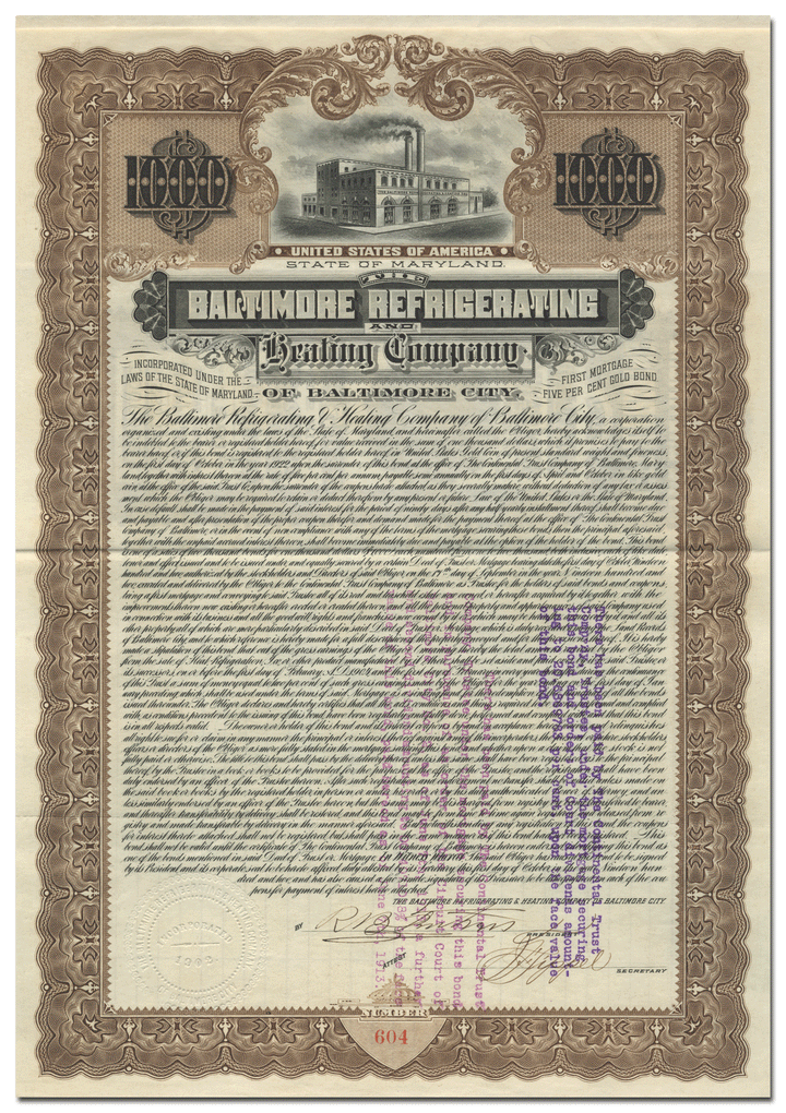 Baltimore Refrigerating and Heating Company of Baltimore City Bond Certificate