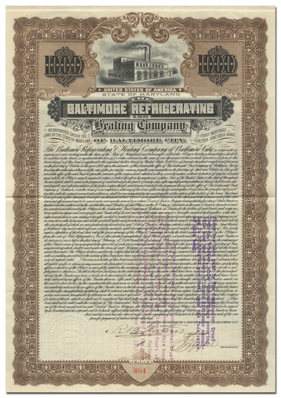 Baltimore Refrigerating and Heating Company of Baltimore City Bond Certificate