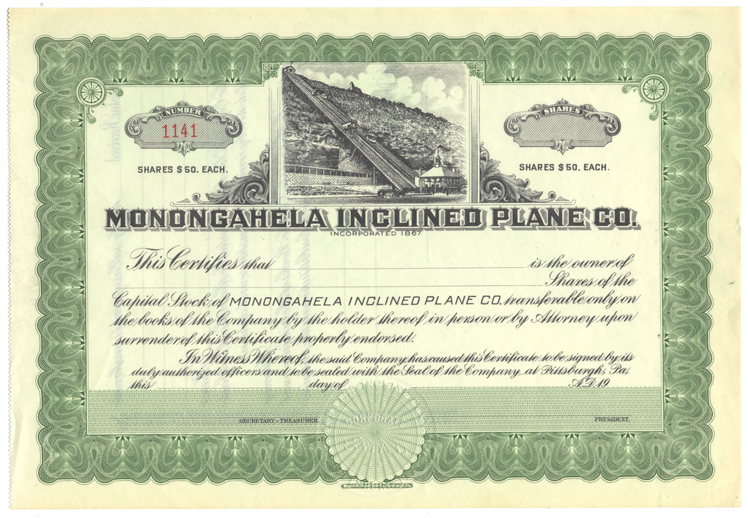 Monongahela Inclined Plane Co. Stock Certificate