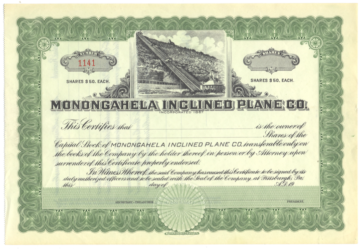 Monongahela Inclined Plane Co. Stock Certificate