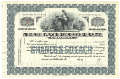 Philadelphia and Garrettford Street Railway Company Stock Certificate