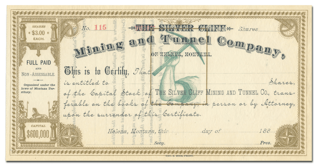 Silver Cliff Mining and Tunnel Company Stock Certificate