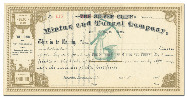 Silver Cliff Mining and Tunnel Company Stock Certificate