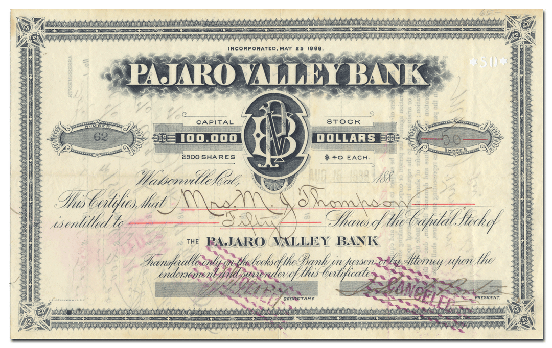 Pajaro Valley National Bank Stock Certificate