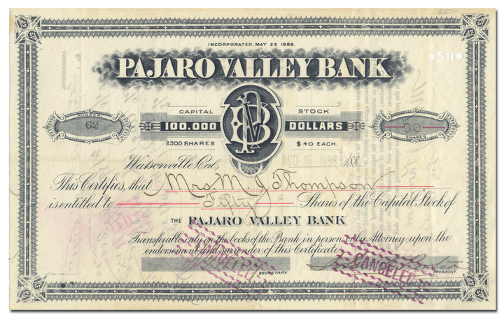 Pajaro Valley National Bank Stock Certificate