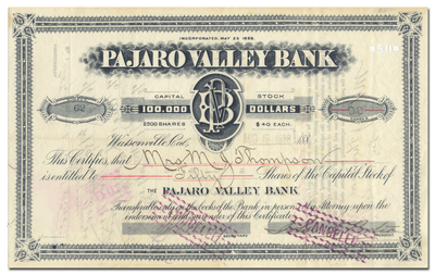 Pajaro Valley National Bank Stock Certificate