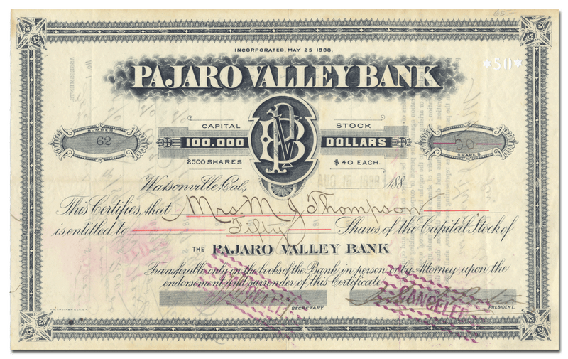 Pajaro Valley National Bank Stock Certificate