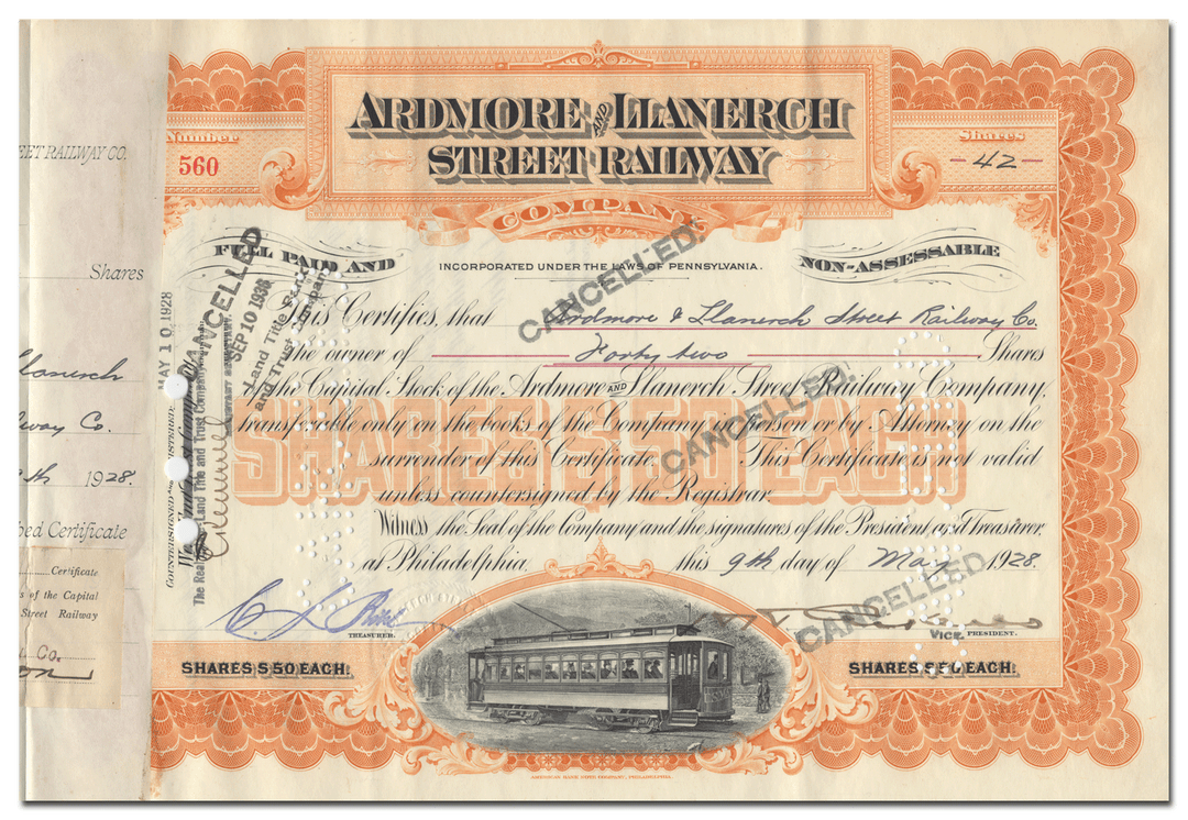 Ardmore and Llanerch Street Railway Company Stock Certificate