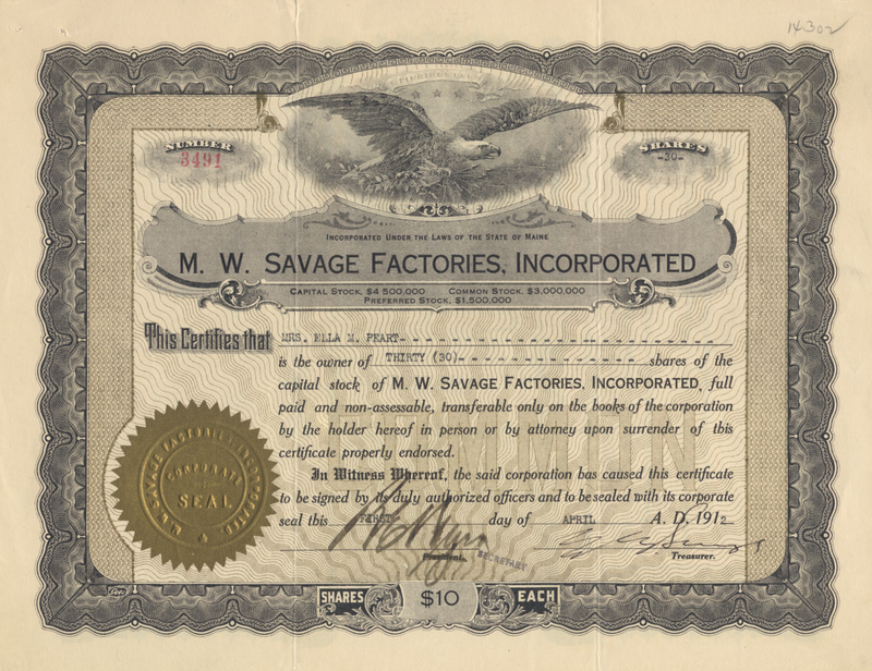 M. W. Savage Factories, Incorporated Stock Certificate Signed by Erle B. Savage