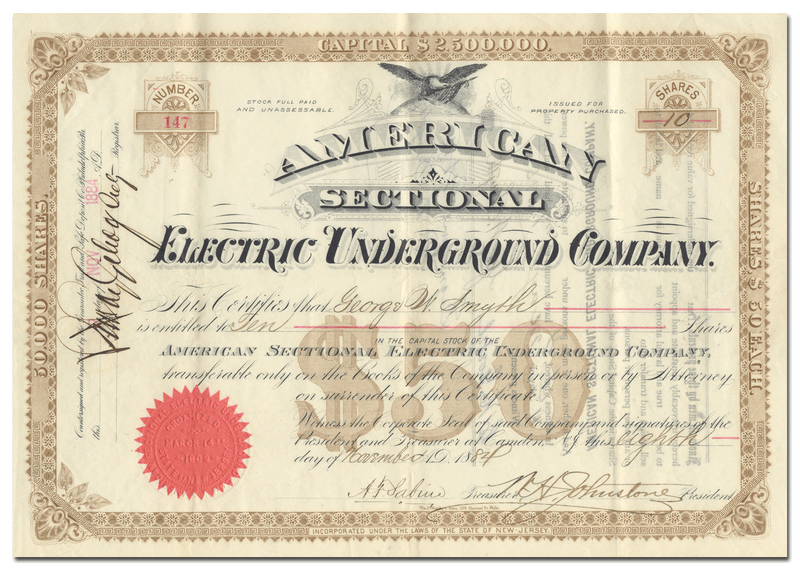 American Sectional Electric Underground Company Stock Certificate
