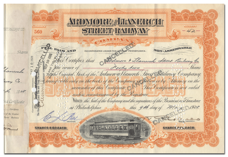 Ardmore and Llanerch Street Railway Company Stock Certificate