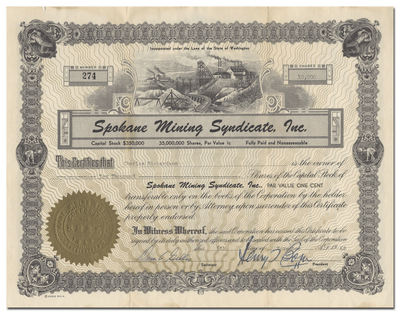 Spokane Mining Syndicate, Inc. Stock Certificate