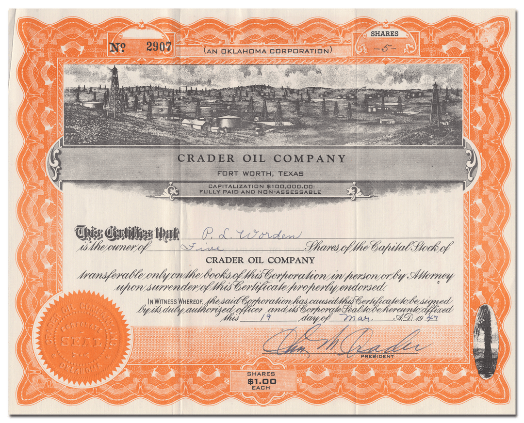 Crader Oil Company Stock Certificate