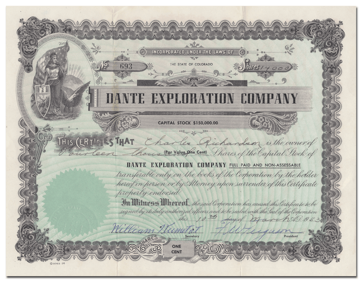 Dante Exploration Company Stock Certificate