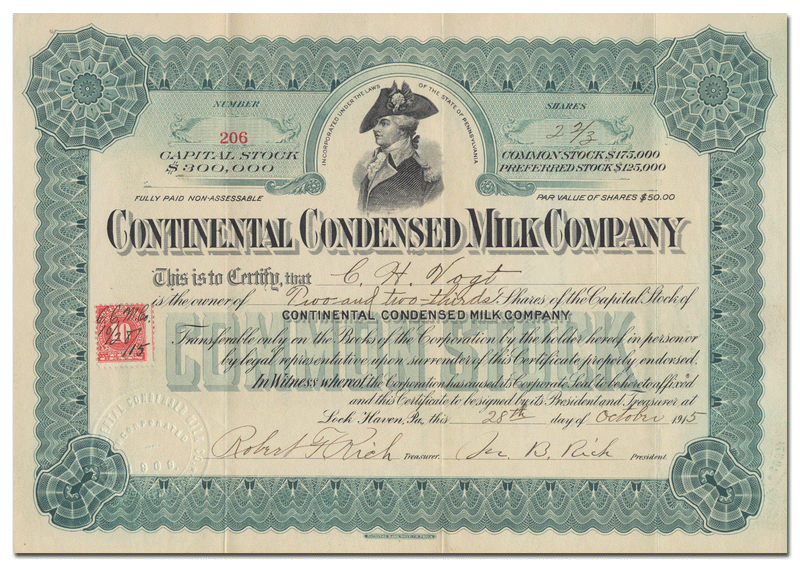 Continental Condensed Milk Company Stock Certificate