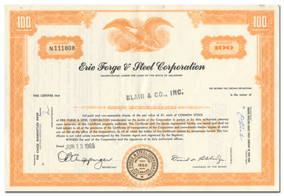 Erie Forge & Steel Corporation Stock Certificate