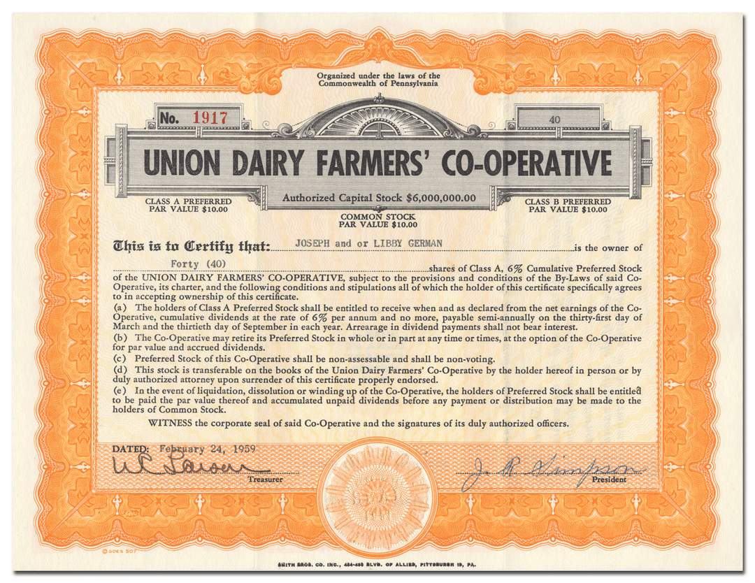 Union Dairy Farmers' Co-Operative Stock Certificate