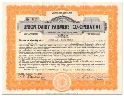 Union Dairy Farmers' Co-Operative Stock Certificate