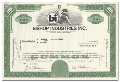 Bishop Industries, Inc. Stock Certificate