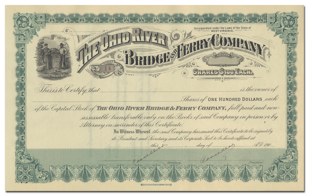 Ohio River Bridge and Ferry Company Stock Certificate