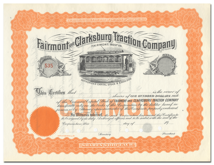 Fairmont and Clarksburg Traction Company Stock Certificate