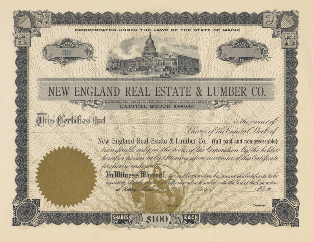 New England Real Estate & Lumber Co. Stock Certificate