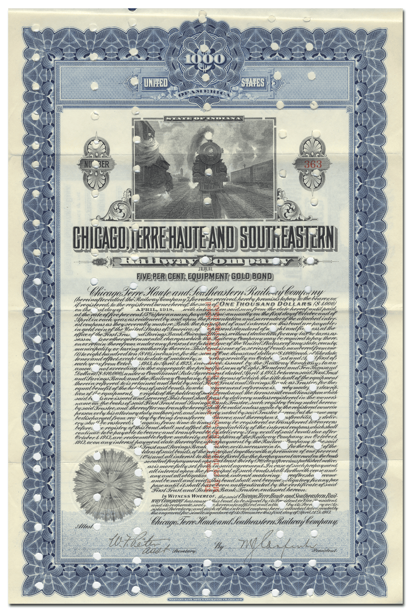 Chicago, Terre Haute and Southeastern Railway Company Bond Certificate