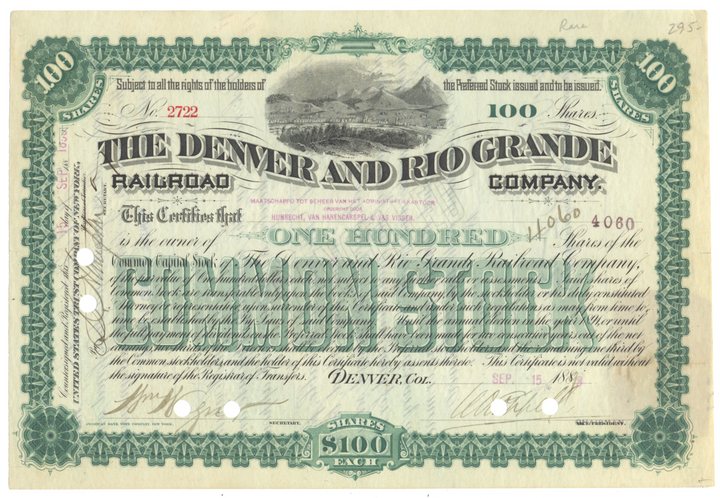 Denver and Rio Grande Railroad Company Stock Certificate